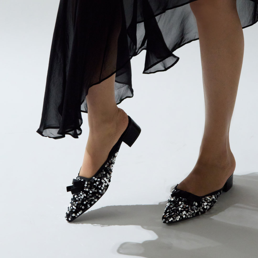 CC JEWELED MULE WITH SILK BLACK BOW IN WHITE LAMBSKIN