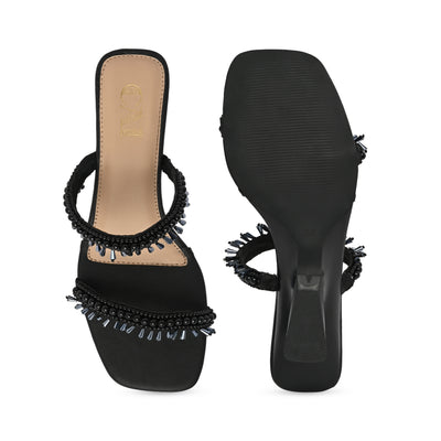 Beaded Two Strap Black Heels