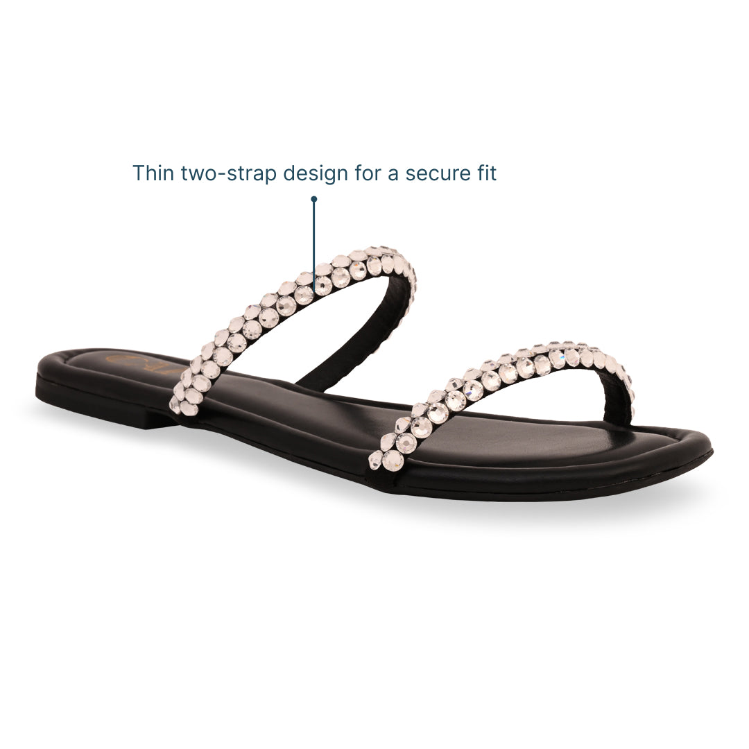 Thin Diamond Lace Two Strap Black Flat