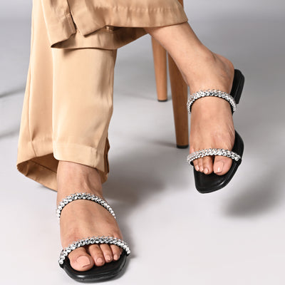 Thin Diamond Lace Two Strap Black Flat