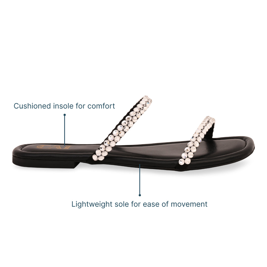 Thin Diamond Lace Two Strap Black Flat
