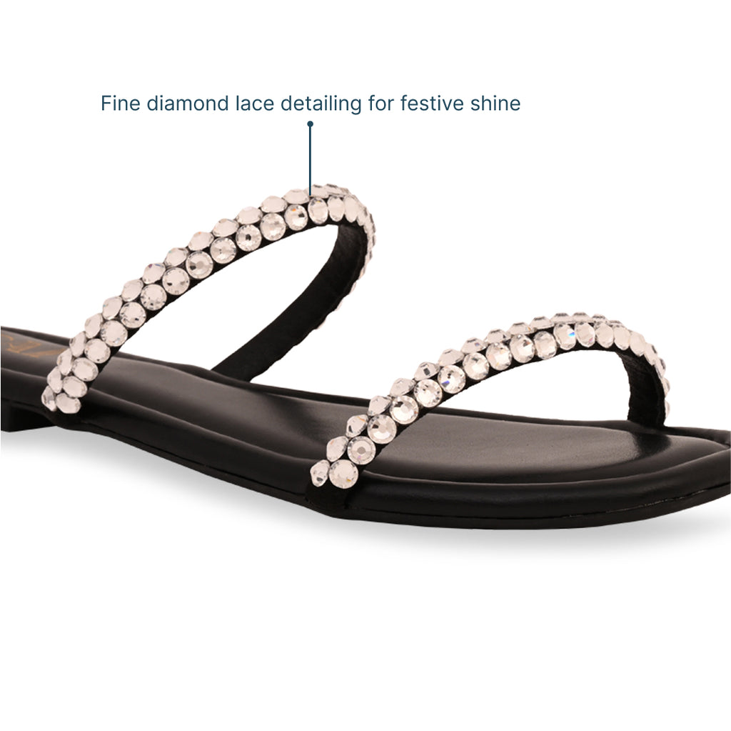 Thin Diamond Lace Two Strap Black Flat