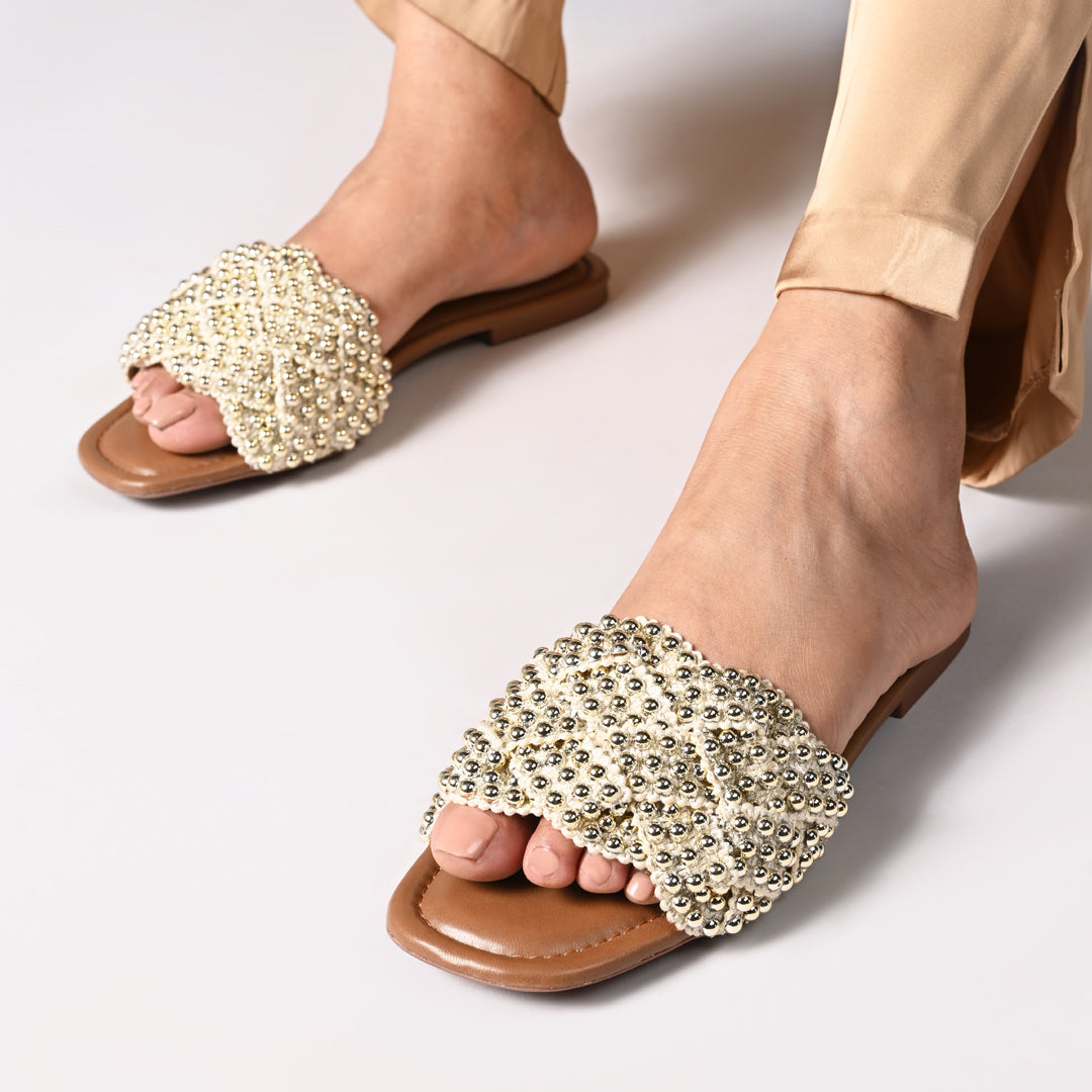 Gold Studded Lace Tan Flat