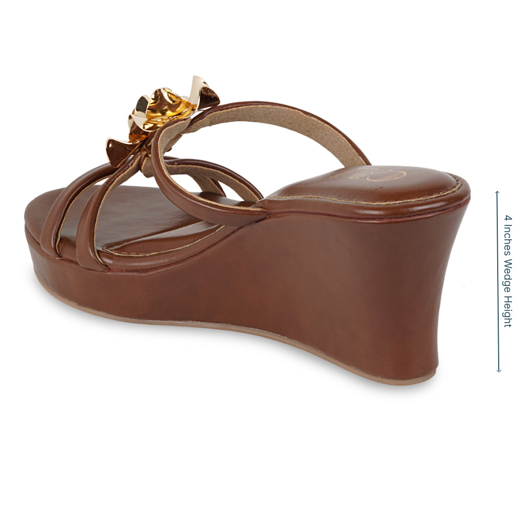 Gold Flower Tan Strap Wedge