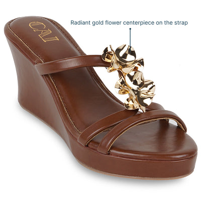Gold Flower Tan Strap Wedge