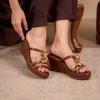 Gold Flower Tan Strap Wedge