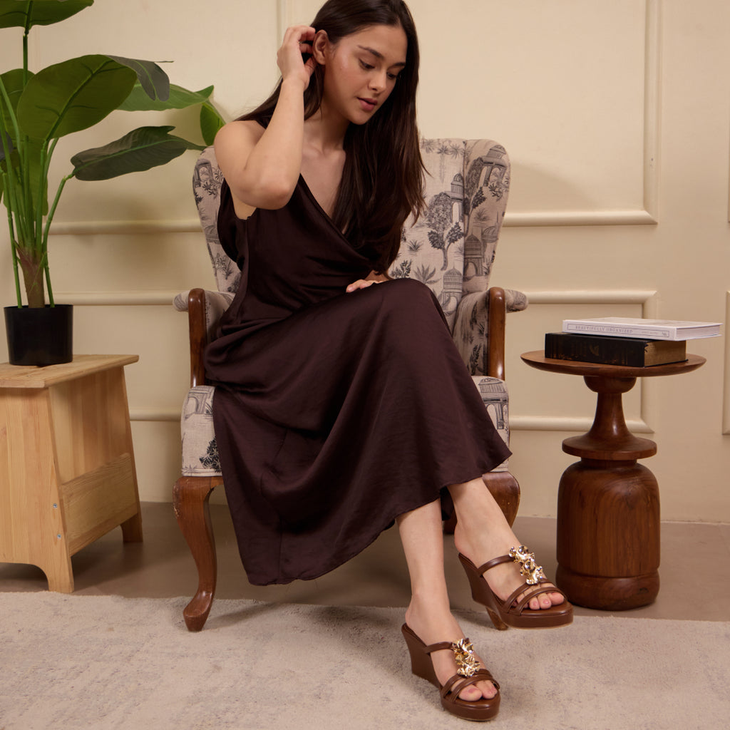 Gold Flower Tan Strap Wedge