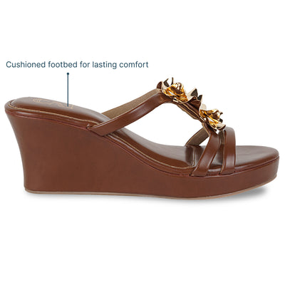 Gold Flower Tan Strap Wedge