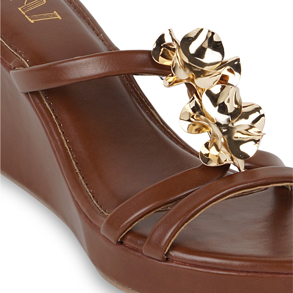 Gold Flower Tan Strap Wedge