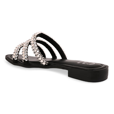 Diamond Lace Three Strap Black Flat