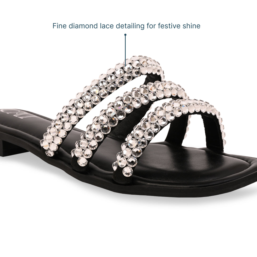 Diamond Lace Three Strap Black Flat