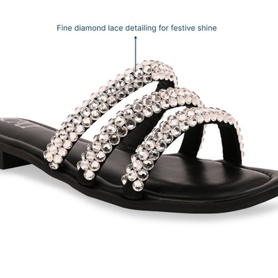 Diamond Lace Three Strap Black Flat