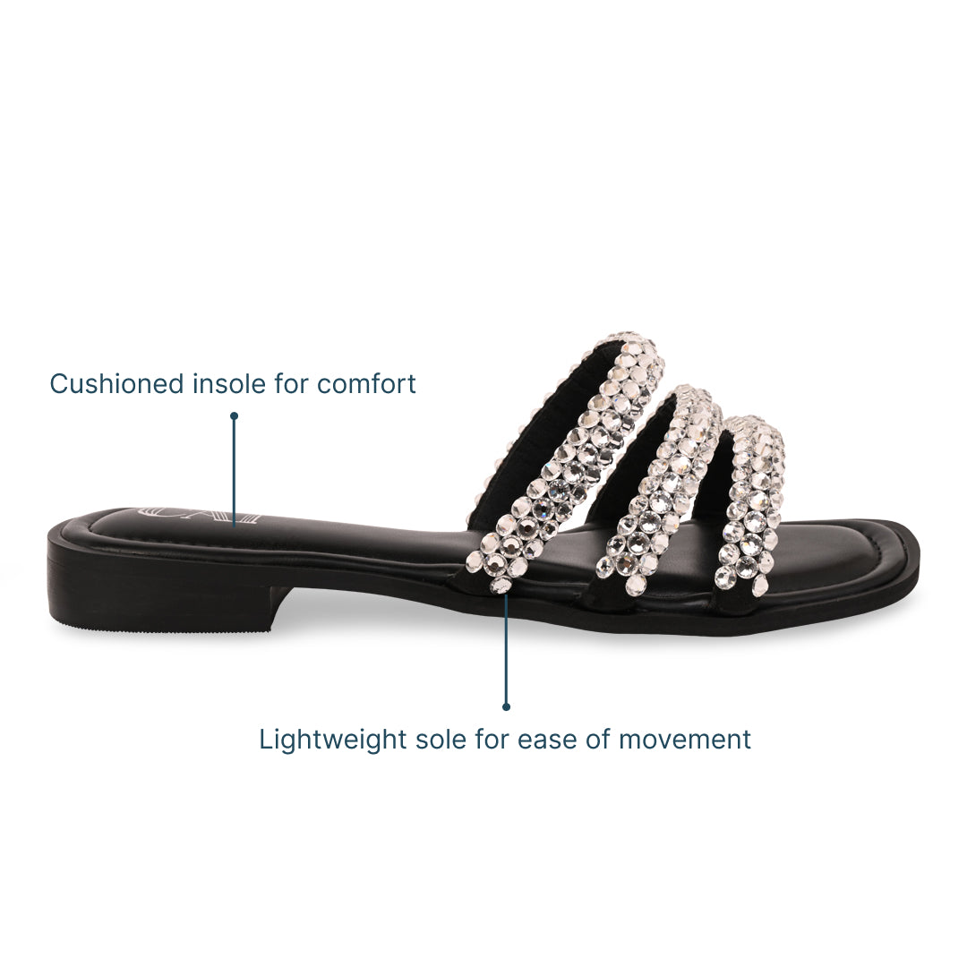 Diamond Lace Three Strap Black Flat