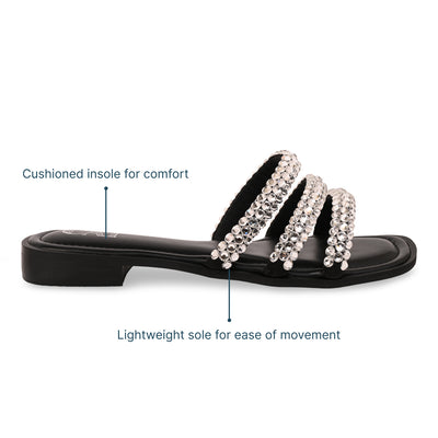 Diamond Lace Three Strap Black Flat