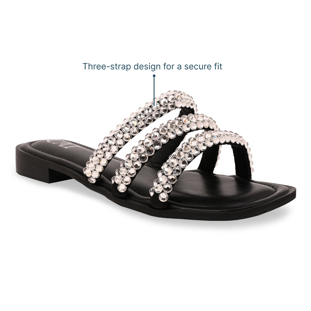 Diamond Lace Three Strap Black Flat
