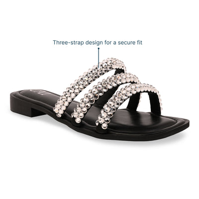 Diamond Lace Three Strap Black Flat