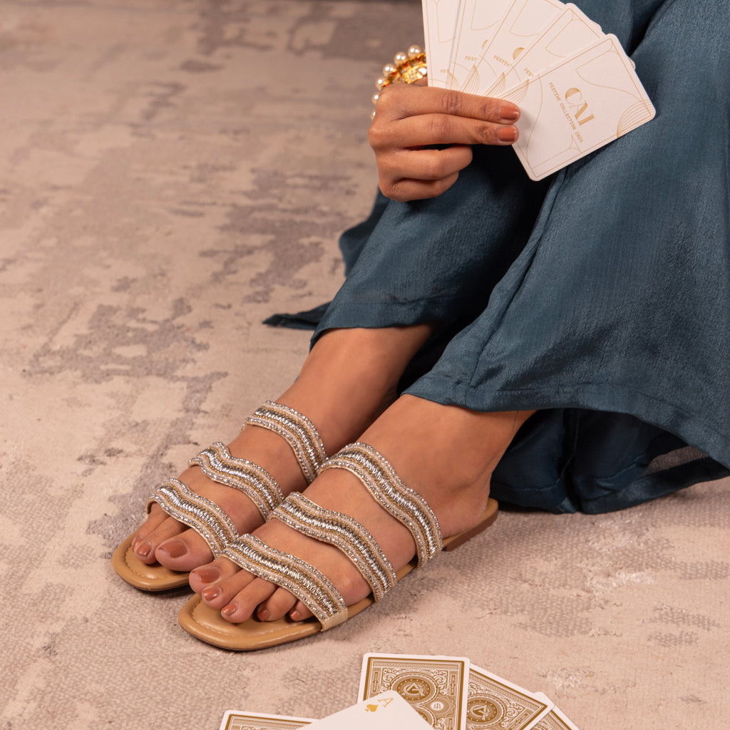 Gold Wavy Beaded Nude Flats