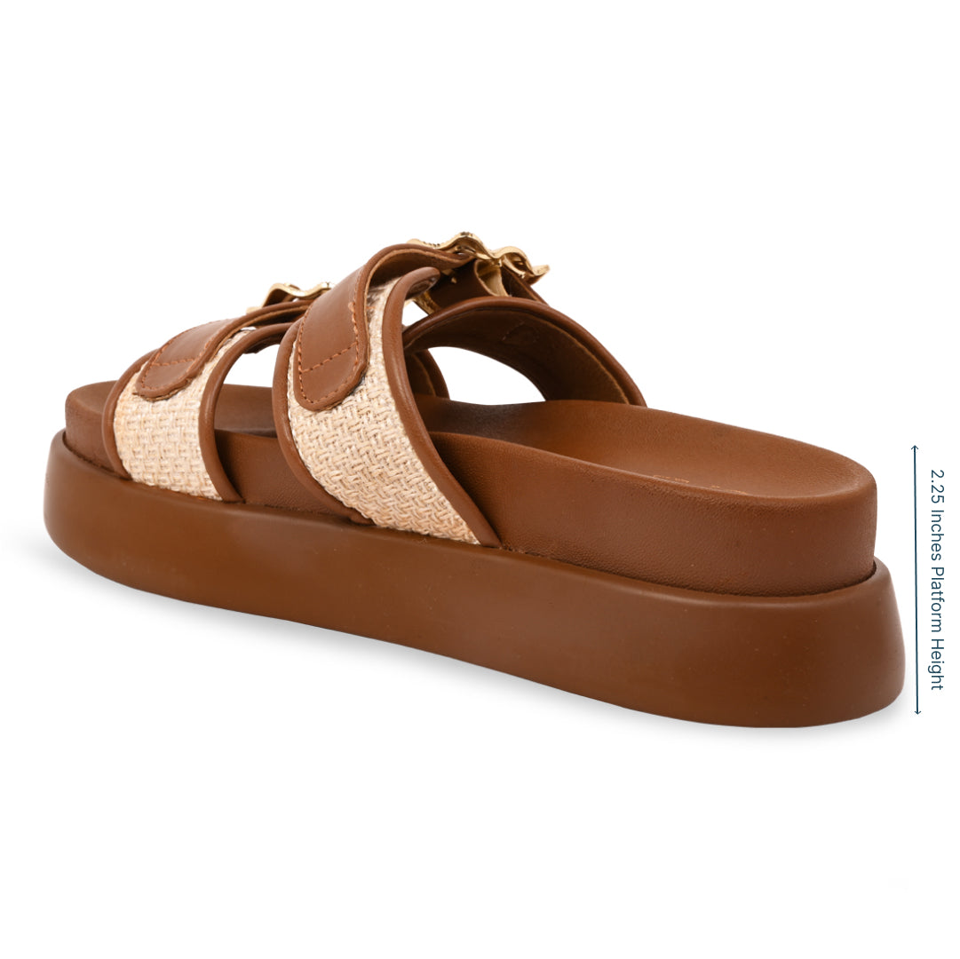 Gold Buckle Strap Tan Platform