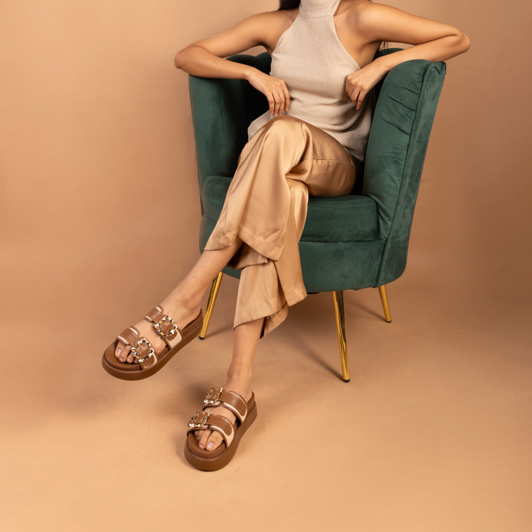 Gold Buckle Strap Tan Platform