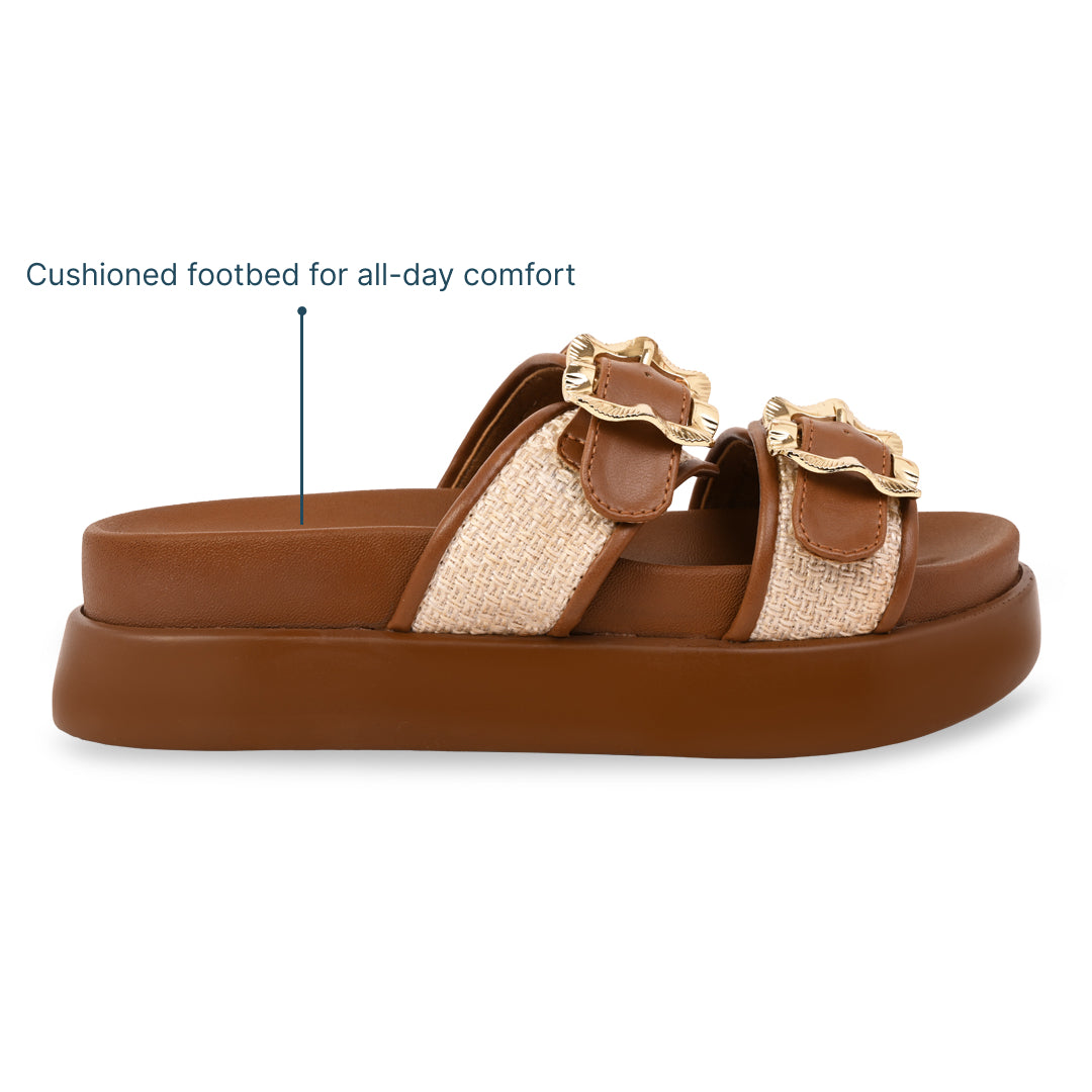 Gold Buckle Strap Tan Platform