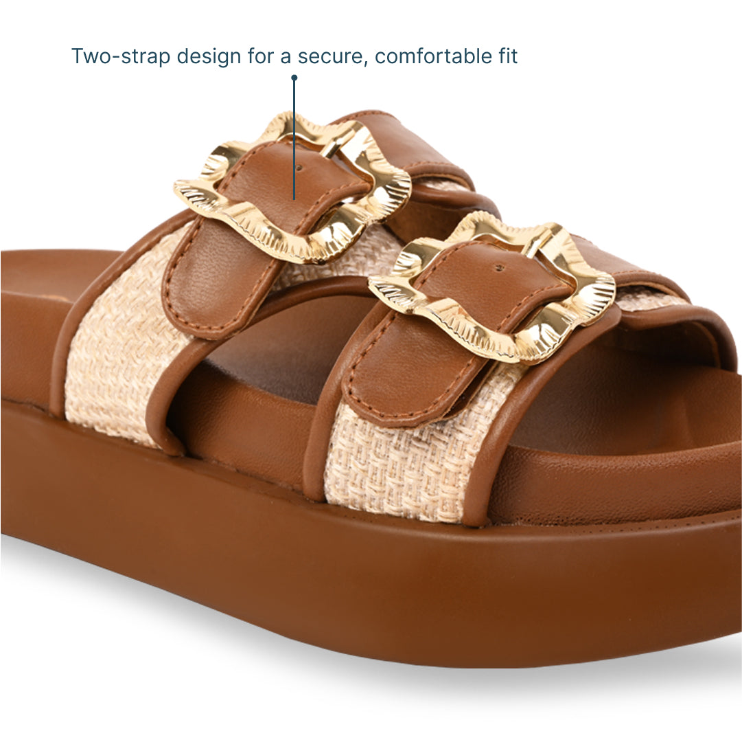Gold Buckle Strap Tan Platform