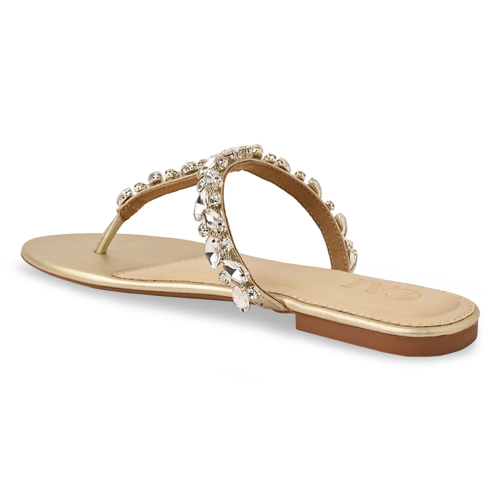 T-Strap Leaf Embellished Gold Flat