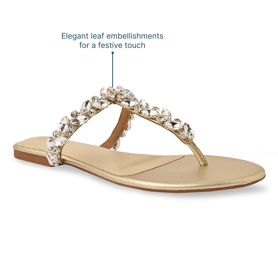 T-Strap Leaf Embellished Gold Flat