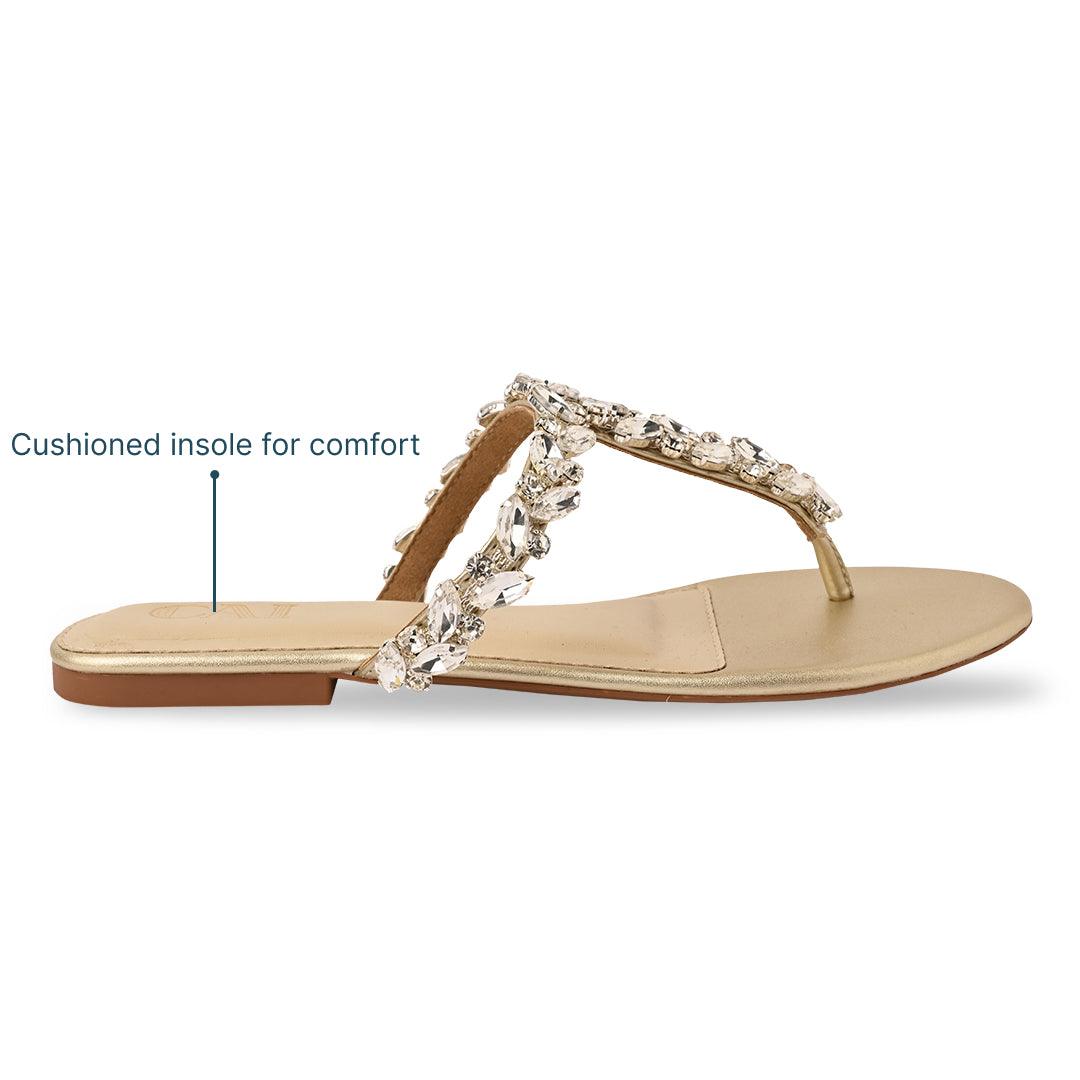 T-Strap Leaf Embellished Gold Flat