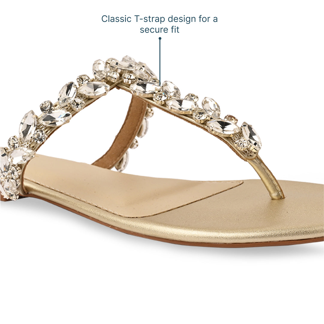 T-Strap Leaf Embellished Gold Flat