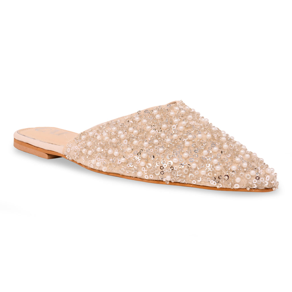 Silver White Beaded Mule Flat