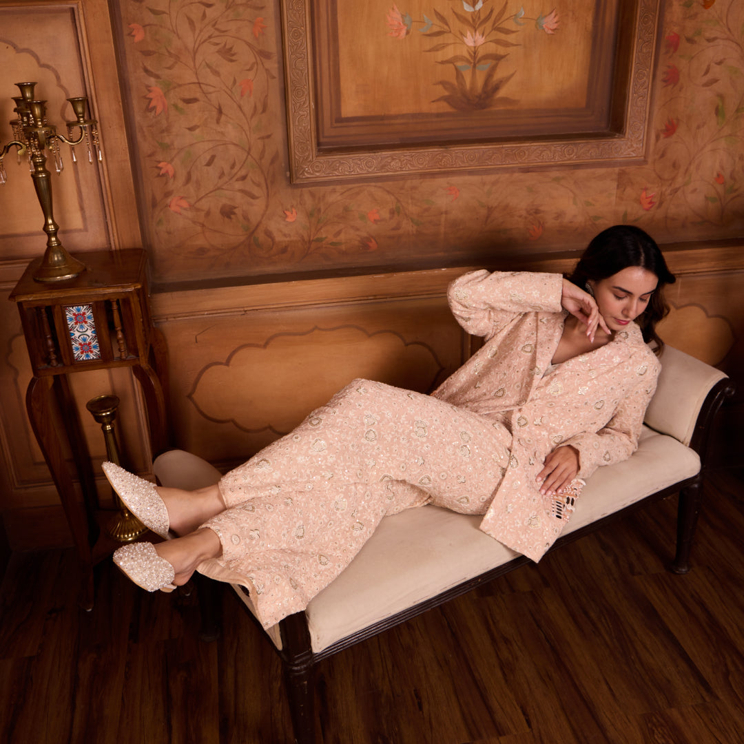 Silver White Beaded Mule Flat