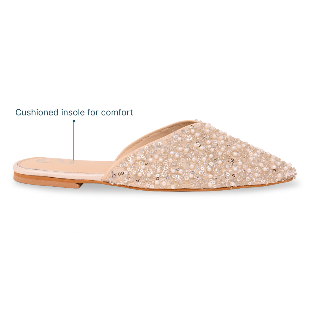 Silver White Beaded Mule Flat