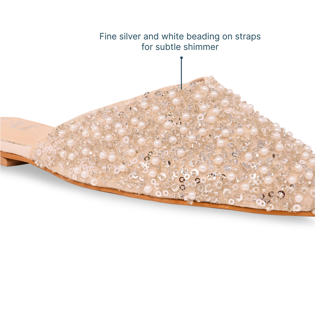 Silver White Beaded Mule Flat