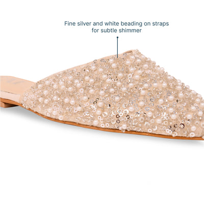 Silver White Beaded Mule Flat