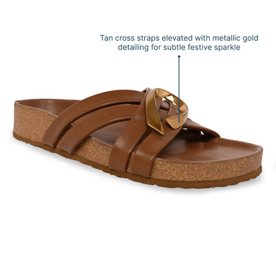 Cross Strap Gold Trim Tan Slider