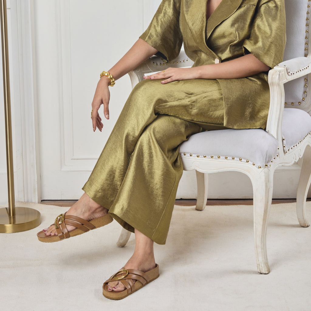 Cross Strap Gold Trim Tan Slider