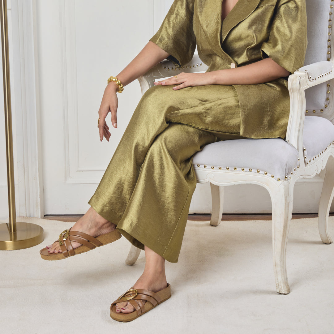 Cross Strap Gold Trim Tan Slider