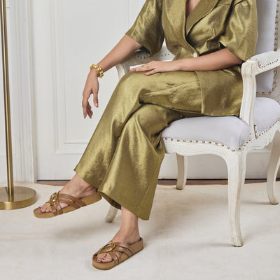 Cross Strap Gold Trim Tan Slider