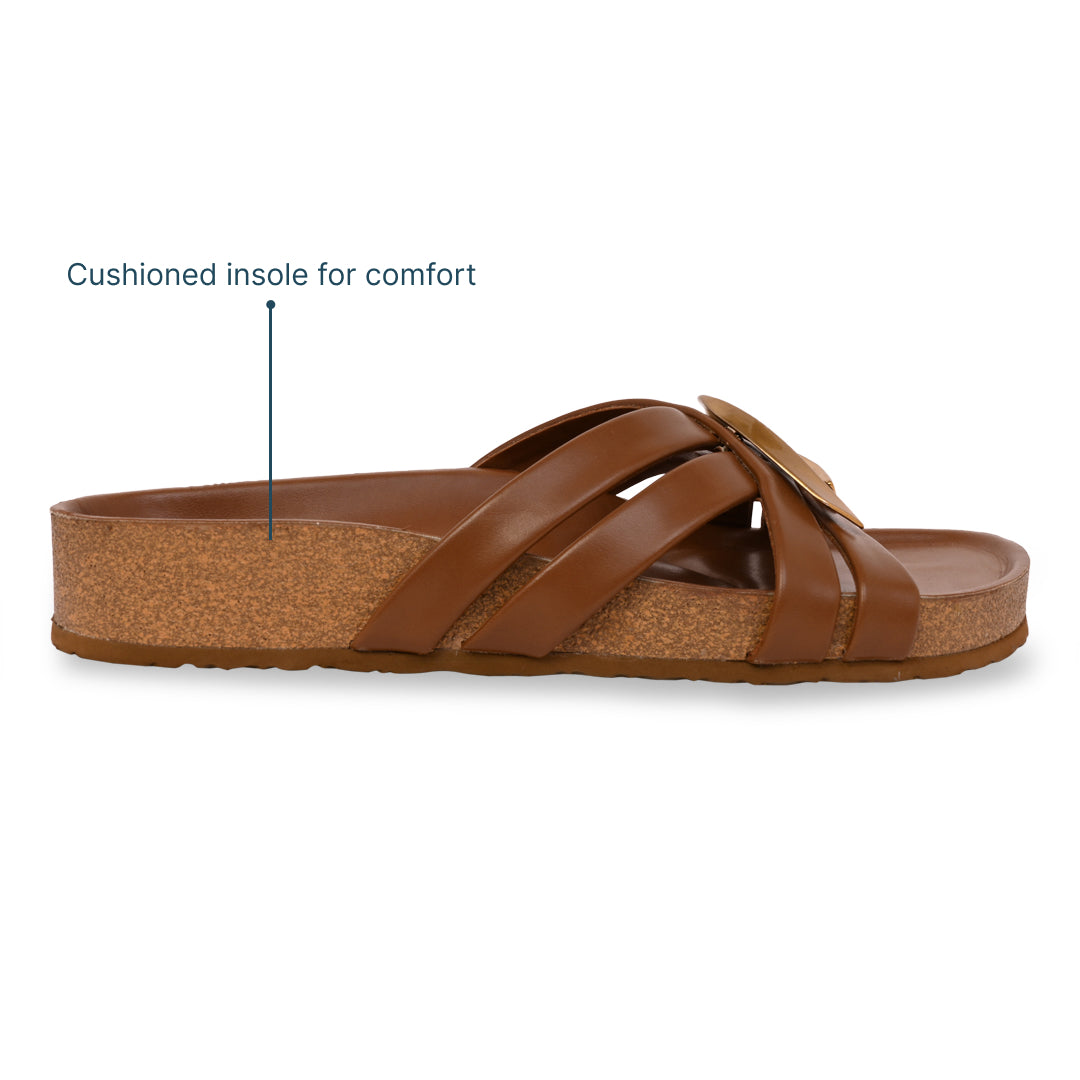 Cross Strap Gold Trim Tan Slider