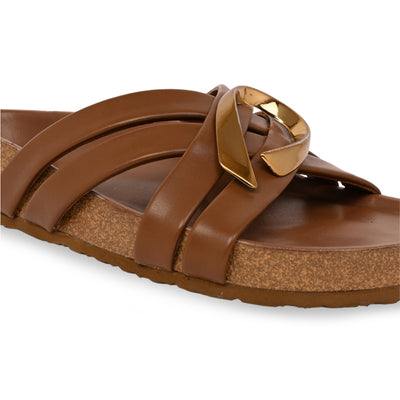 Cross Strap Gold Trim Tan Slider