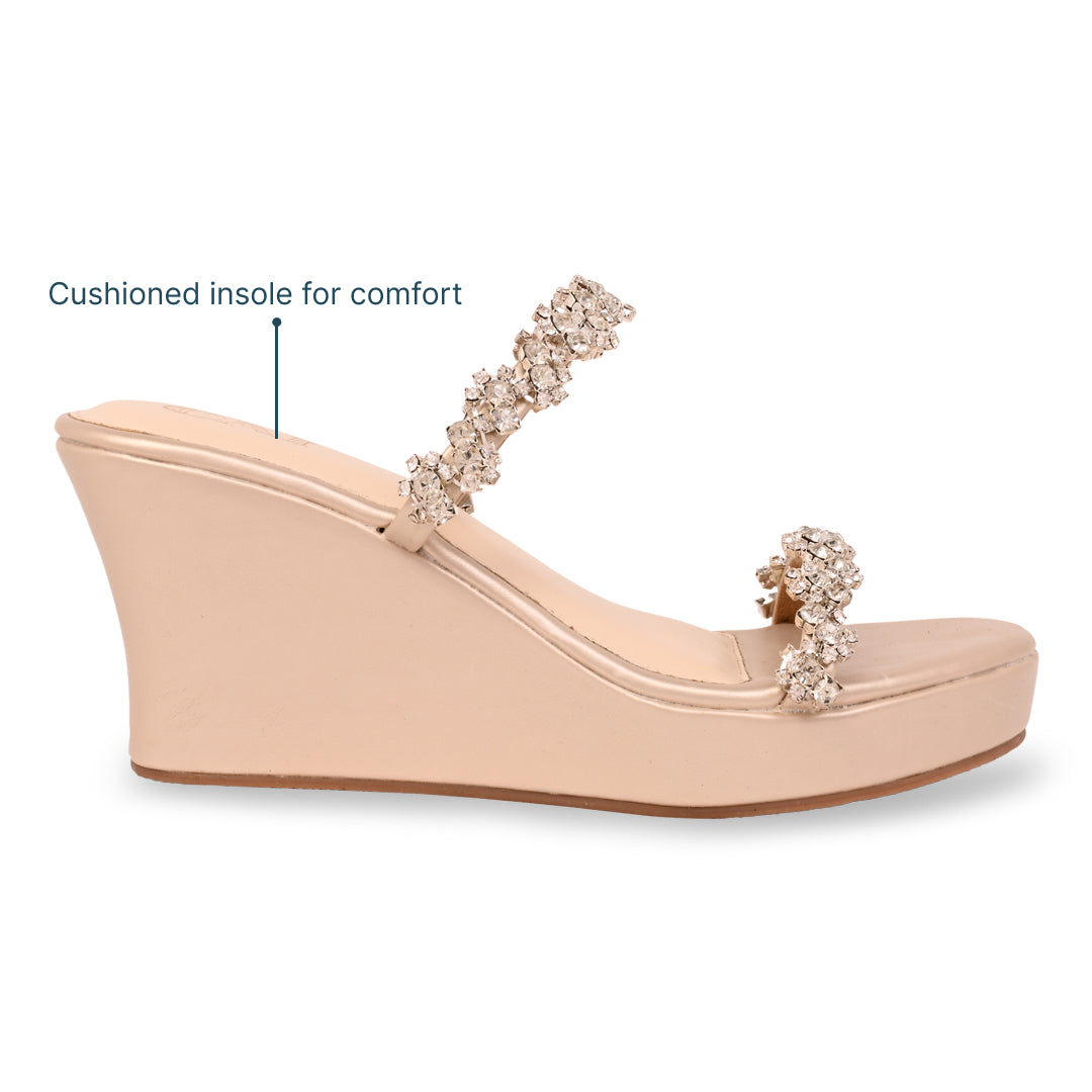 Embellished Flower Lace Two Strap Wedge