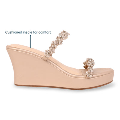 Embellished Flower Lace Two Strap Wedge