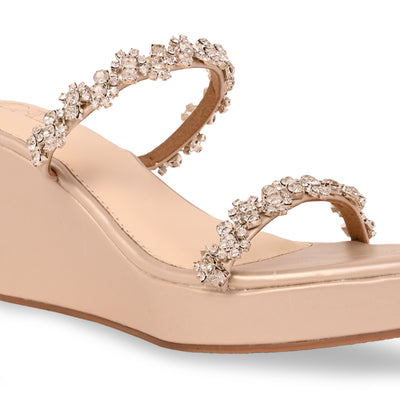 Embellished Flower Lace Two Strap Wedge