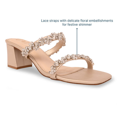 Embellished Flower Lace Two Strap Heel