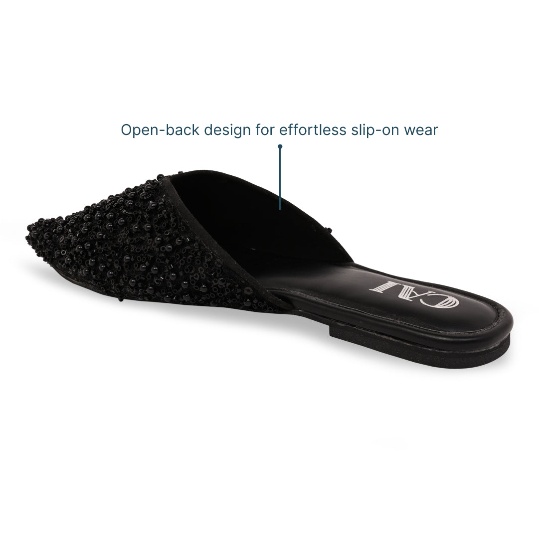 Black Beaded Mule Flat