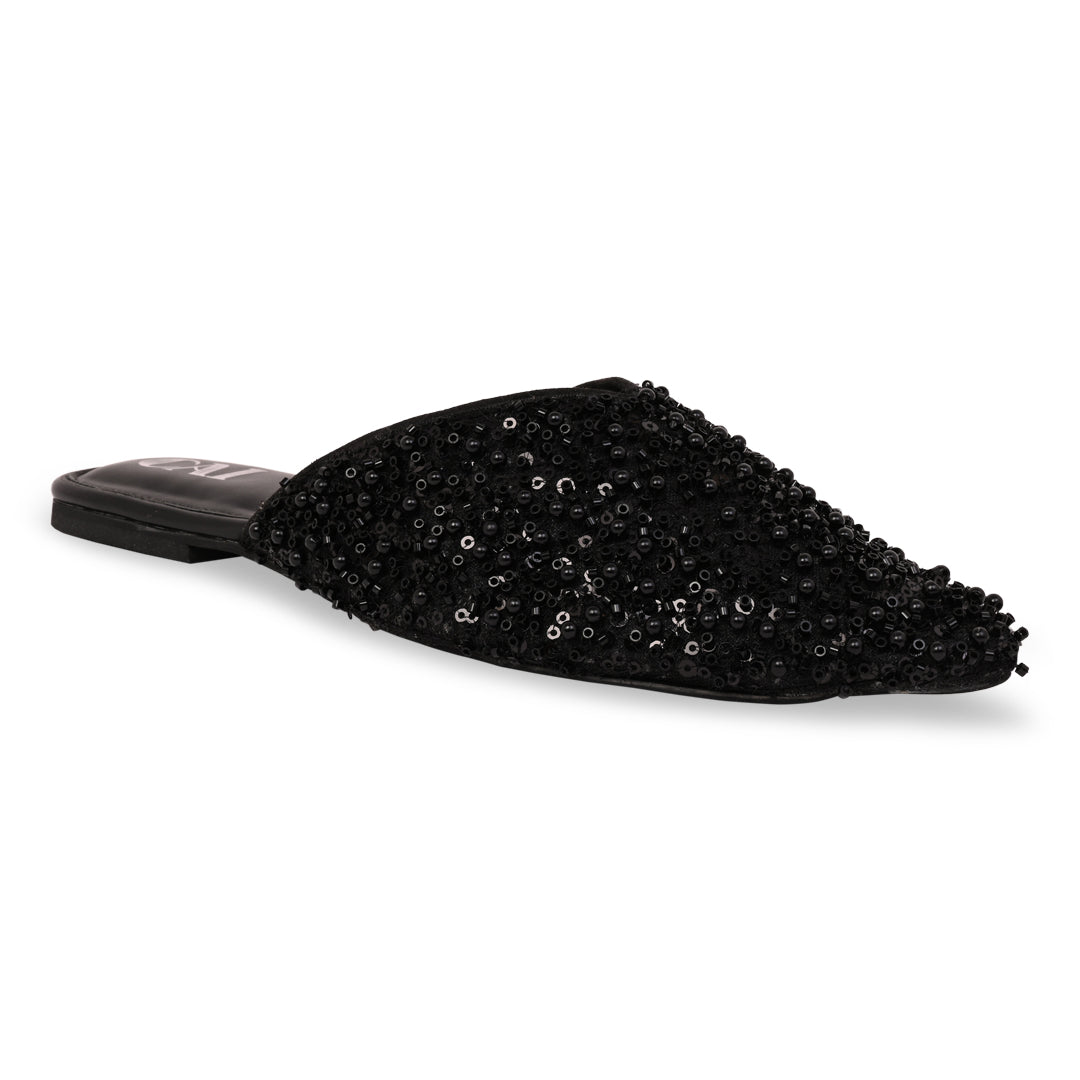 Black Beaded Mule Flat