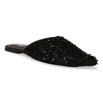 Black Beaded Mule Flat