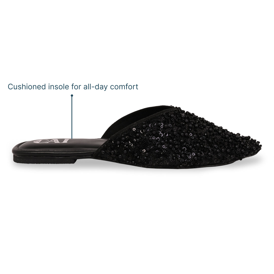 Black Beaded Mule Flat