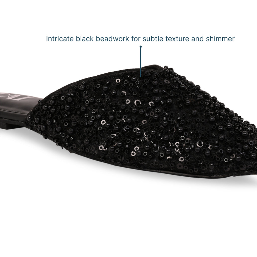 Black Beaded Mule Flat