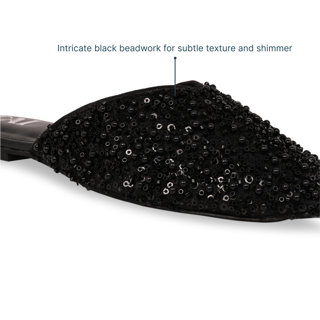 Black Beaded Mule Flat